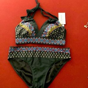 NEW Swimsuits for All boho bikini - size 10 - halter, black, blue, pink & gold